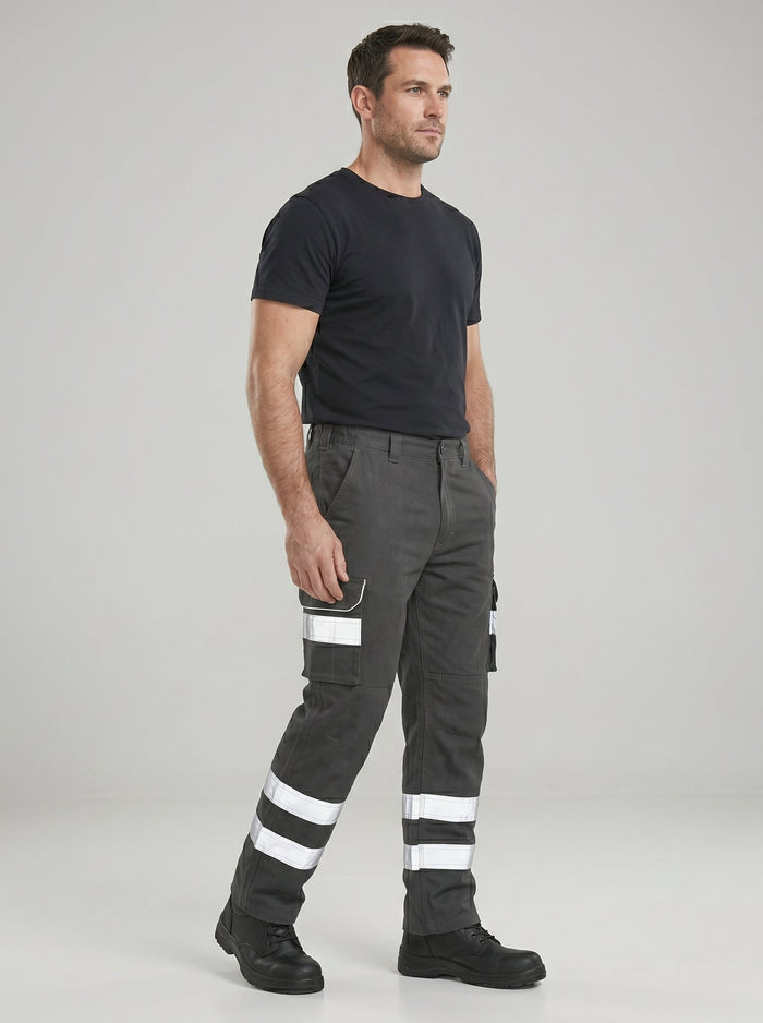 Grey Cargo Trouser For Men With Reflectors-BE3471