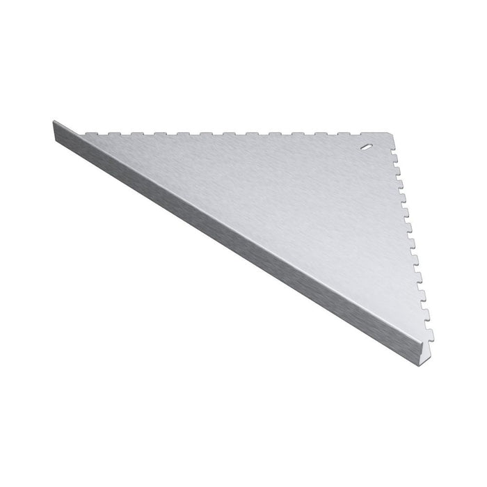 Brushed corner shelf, silver-gray external corner piece with notched mounting edge