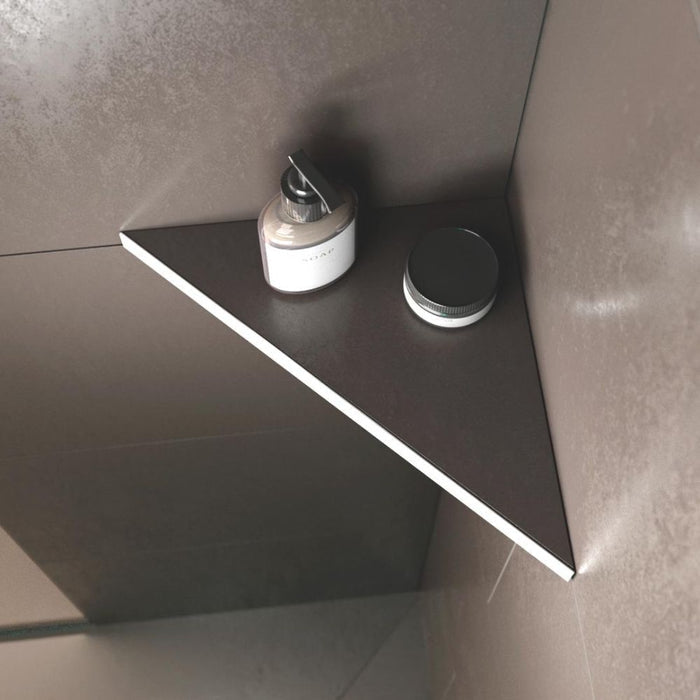Dark external corner shelf installed in an interior corner with notched edge