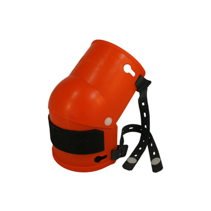 Orange knee pad with black adjustable strap and side support arms