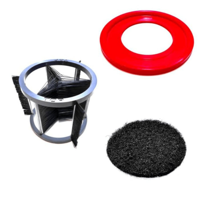 Mud scrub bucket with red ring, black scrub pad and gray paddle cleaner