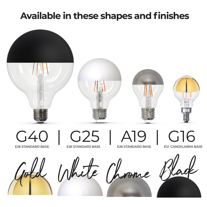 Half Series Designer G16 2.5W Dimmable Half White Filament LED Light Bulb with E12 Base, 2700K, 200 Lumens, 2-Pack