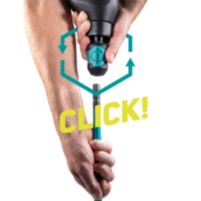Quick coupling adapter in use: turquoise connector clicks onto hose end