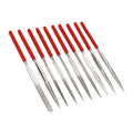 10-piece diamond file set with red handles and pointed metal tips