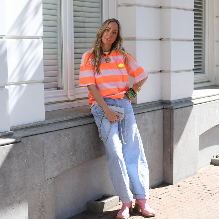 Ibiza tee streep roze oranje