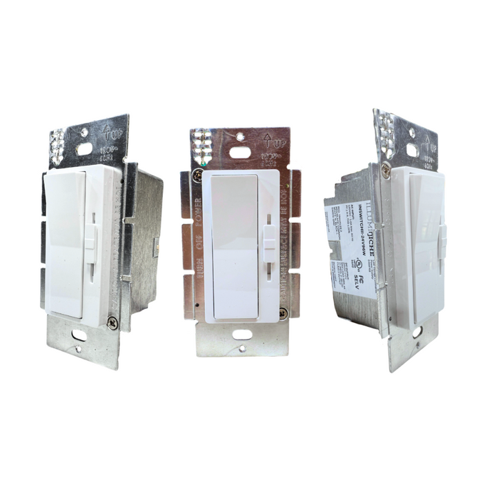 Illuminiche dimmer/driver switch with white rocker, metal mounting tabs, front view