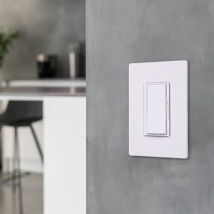 Wall-mounted dimmer/driver switch with white switch cover and rocker