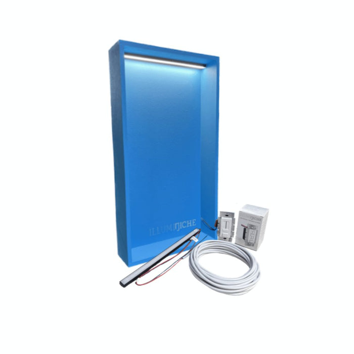 Illuminated LED niche kit, blue frame with LED light bar, wiring and switch modules