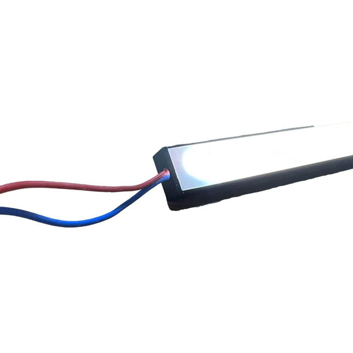LED light channel with black aluminum housing and red/blue wire leads