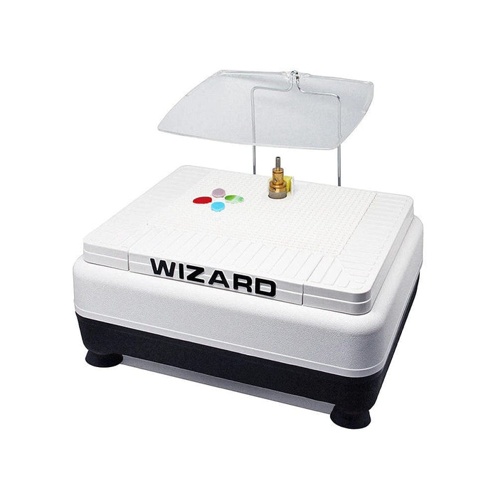 Inland Wizard IV Grinder with transparent guard and white base, top work surface