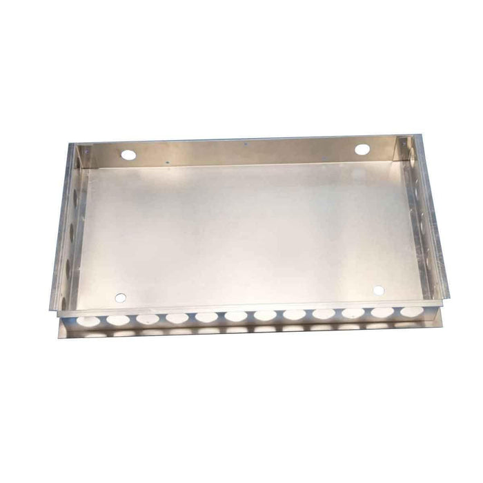 Stainless mounting base tray with punched holes along the bottom rail