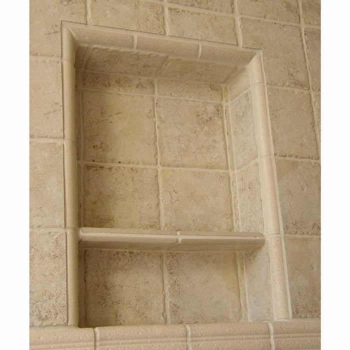 Shower niche insert with open rectangular cavity in beige stone finish
