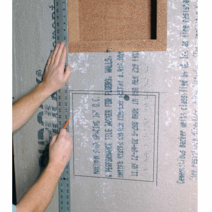 Shower niche template layout on wall, measuring lines around rectangular opening