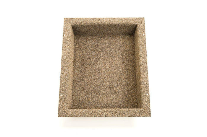 Rectangular shower niche insert with dark speckled surround and open cavity