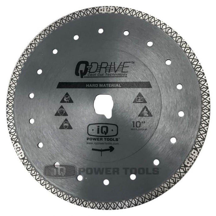 10” Q-Drive hard material blade with central arbor hole and pin holes around rim