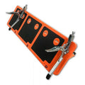Orange tile saw miter attachment with black guide plates and metal clamping arms
