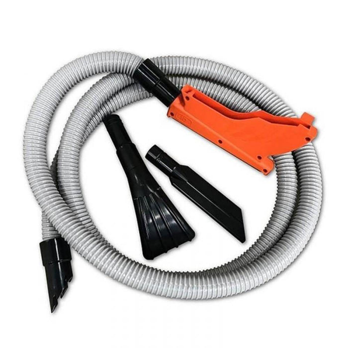 Vacuum port hose kit: silver ribbed hose with black adapters and orange mount plate.