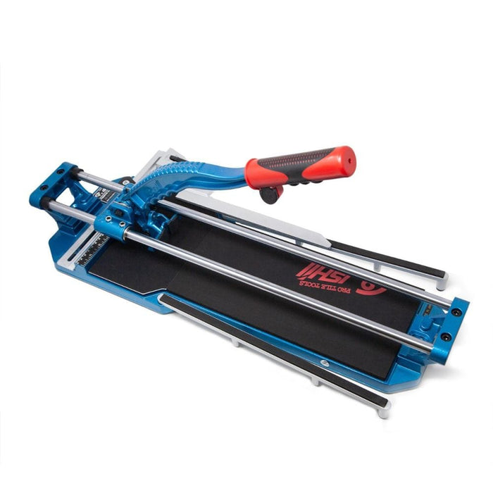 Porcelain tile cutter with blue base, black cutting bed, and red handle grip