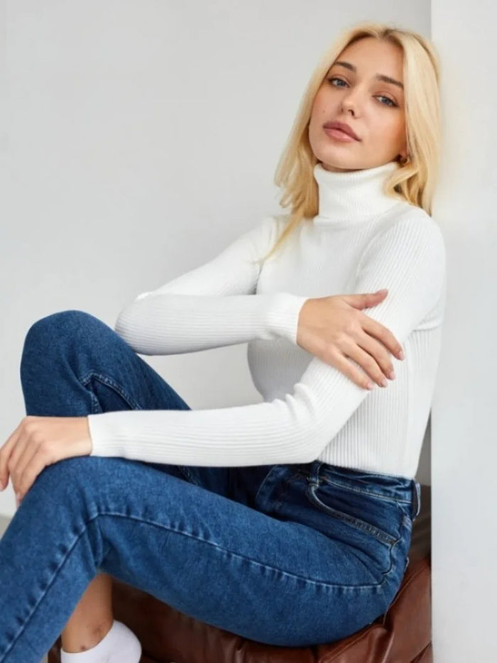Jules Fashion Turtleneck Sweater Knit wears Long Sleeve Pullover For Women-White-AZ20