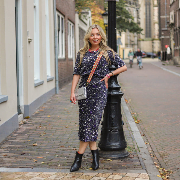 Kam midi rok glitter zwart paars