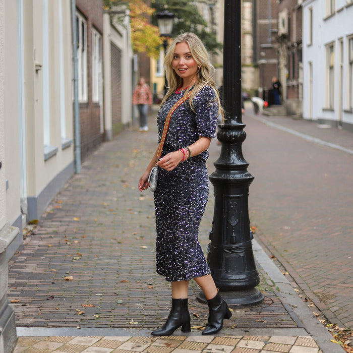 Kam midi rok glitter zwart paars