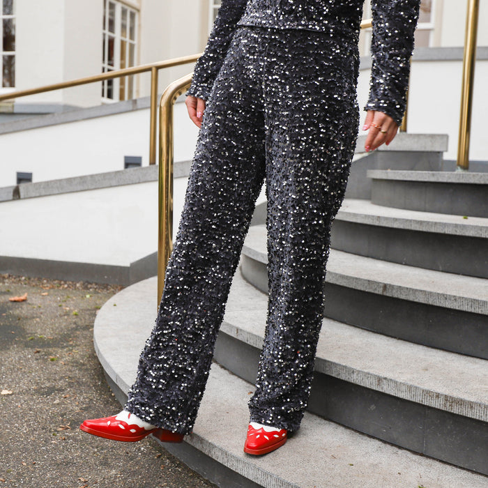 Kam wide broek zwart zilver