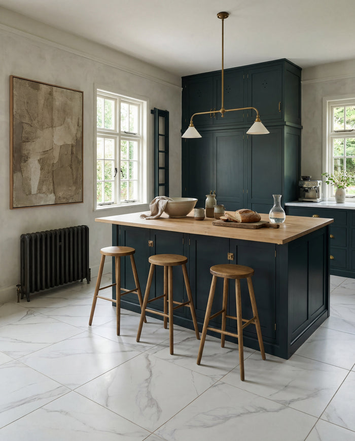 Kensington Porcelain Matt laid across a kitchen floor with a dark blue island, oak worktop and brass lighting