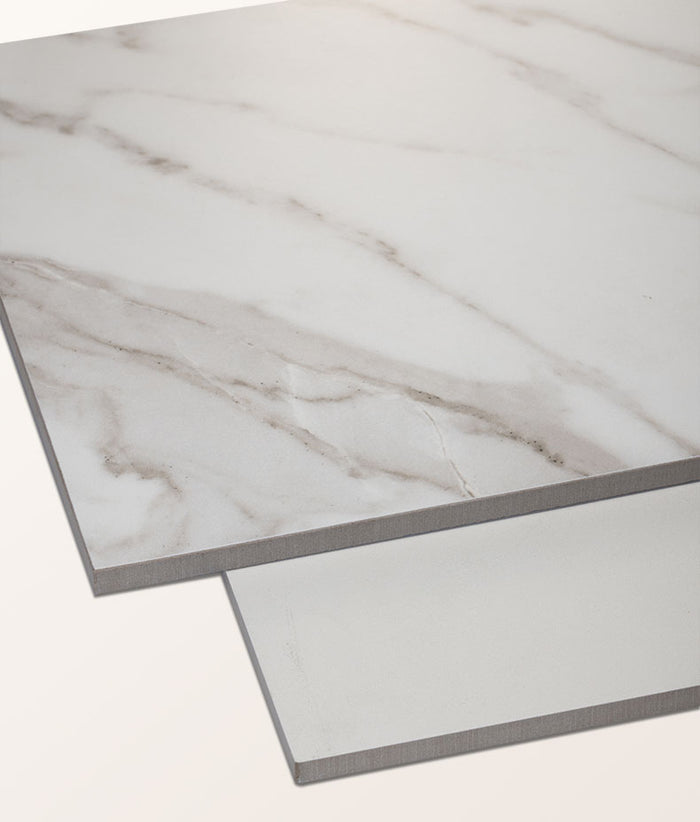 Edge detail of two Kensington Porcelain Matt tiles showing the body and thickness of the porcelain