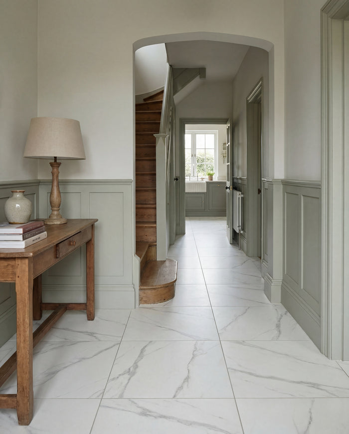 Kensington Porcelain Matt running down a panelled hallway in sage green, past a pine staircase and through to the kitchen