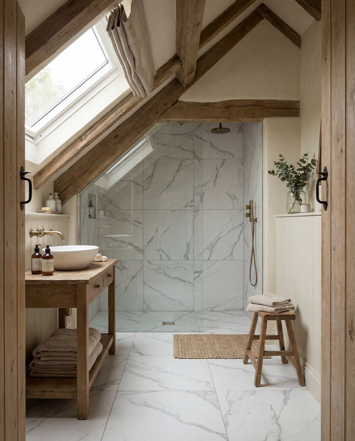 Kensington Porcelain Matt on the walls and floor of a beamed loft shower room with an oak washstand and brass fittings