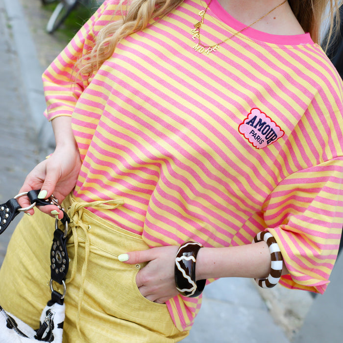 Korte mouw amour top geel fuchsia