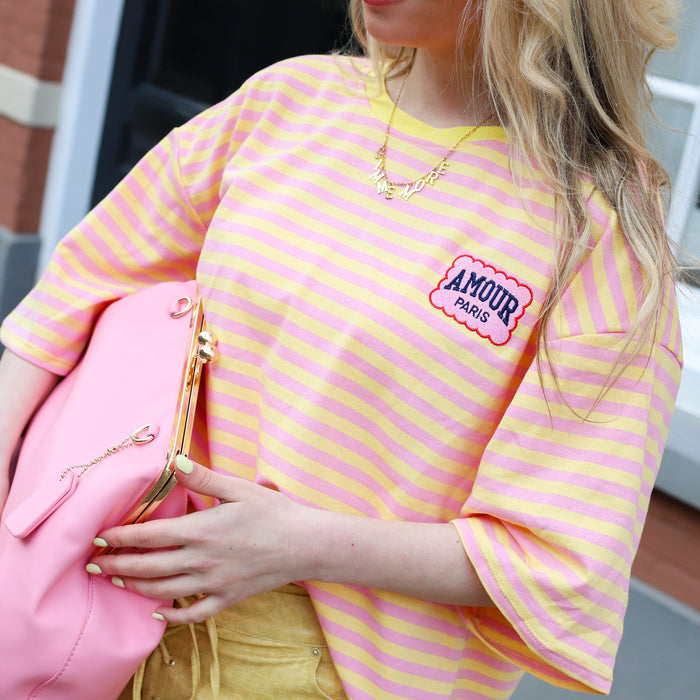 Korte mouw amour top geel roze
