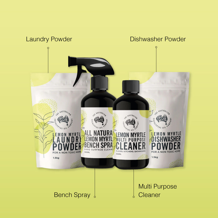 Lemon Myrtle Starter Pack — laundry powder, dishwasher powder, bench spray and multi purpose cleaner