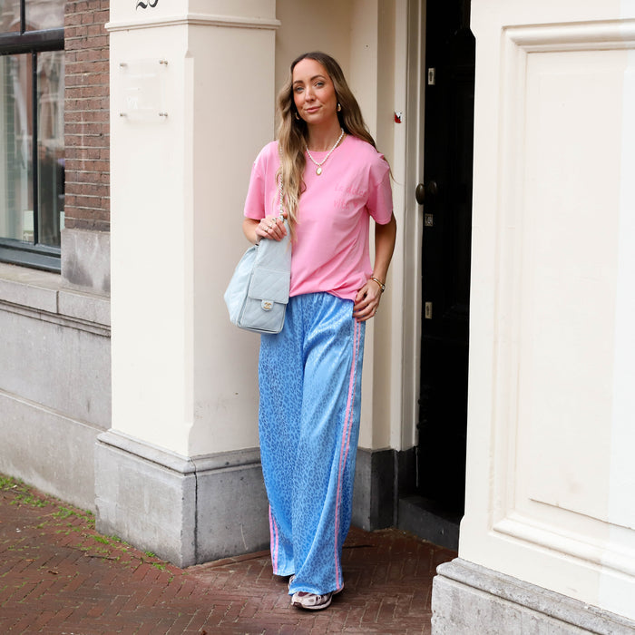 Leopard broek satijn blauw