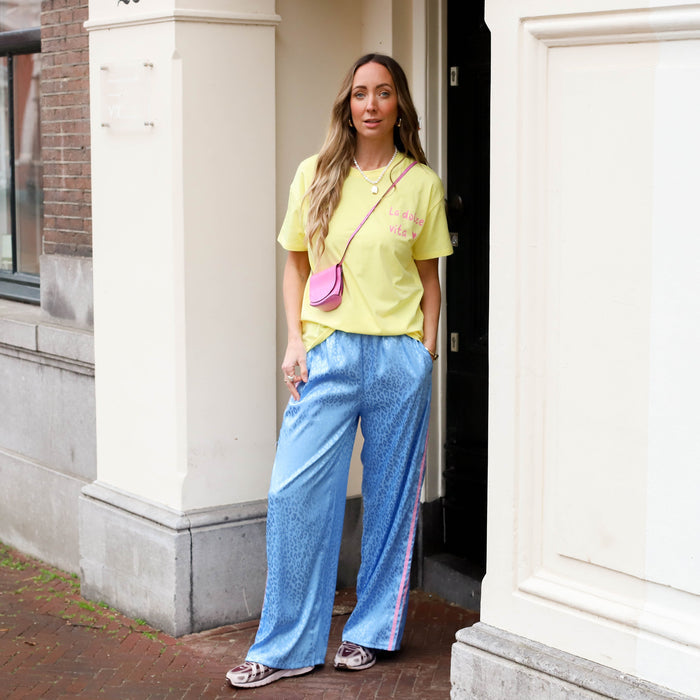 Leopard broek satijn blauw