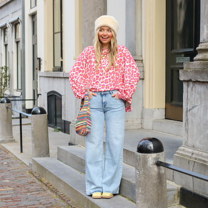 Leopard Lisa sweater ecru fuchsia oranje