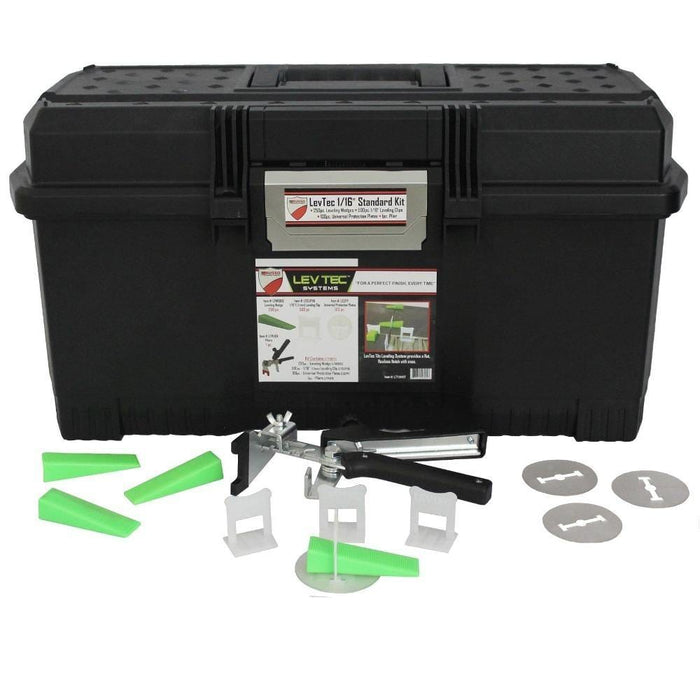 LEVTEC Standard Leveling System Kit case with green clips, white bases, and tools