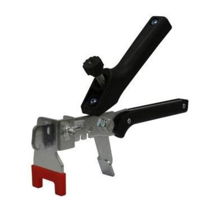 Tile leveling system pliers with black handles and metal jaw, red support leg