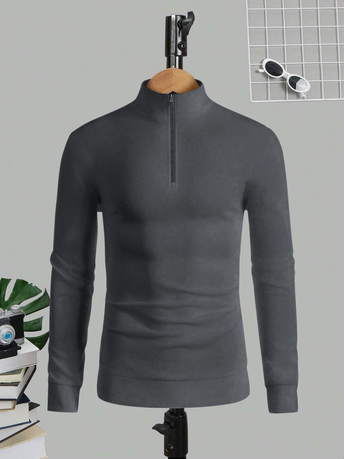 Louis Vicaci Fleece Stylish 1/4 Zipper Mock Neck For Men-Dark Grey-BR1027