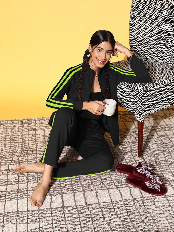 Louis Vicaci Fleece Zipper Tracksuit For Ladies-Black with Parrot Stripe-BR368