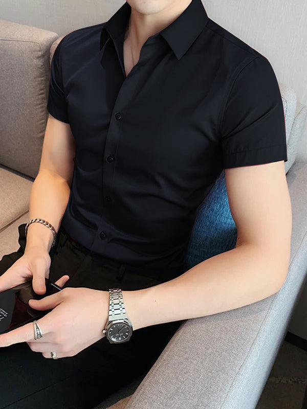 Louis Vicaci Super Stretchy Slim Fit Half Sleeve Summer Formal Casual Shirt For Men-Dark Mid Navy-BR14952