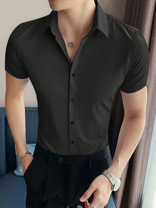 Louis Vicaci Super Stretchy Slim Fit Half Sleeve Summer Formal Casual Shirt For Men-Dark Silver Grey-BR14951