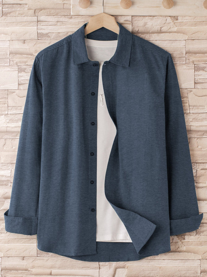 Louis Vicaci Super Stretchy Slim Fit Long Sleeve Summer Formal Casual Shirt For Men-Navy Melange-BR541