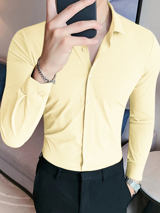 Louis Vicaci Super Stretchy Slim Fit Long Sleeve Summer Formal Casual Shirt For Men-Lime Yellow-BR13429