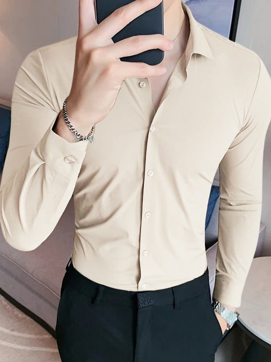 Louis Vicaci Super Stretchy Slim Fit Long Sleeve Summer Formal Casual Shirt For Men-Beige-BR13412
