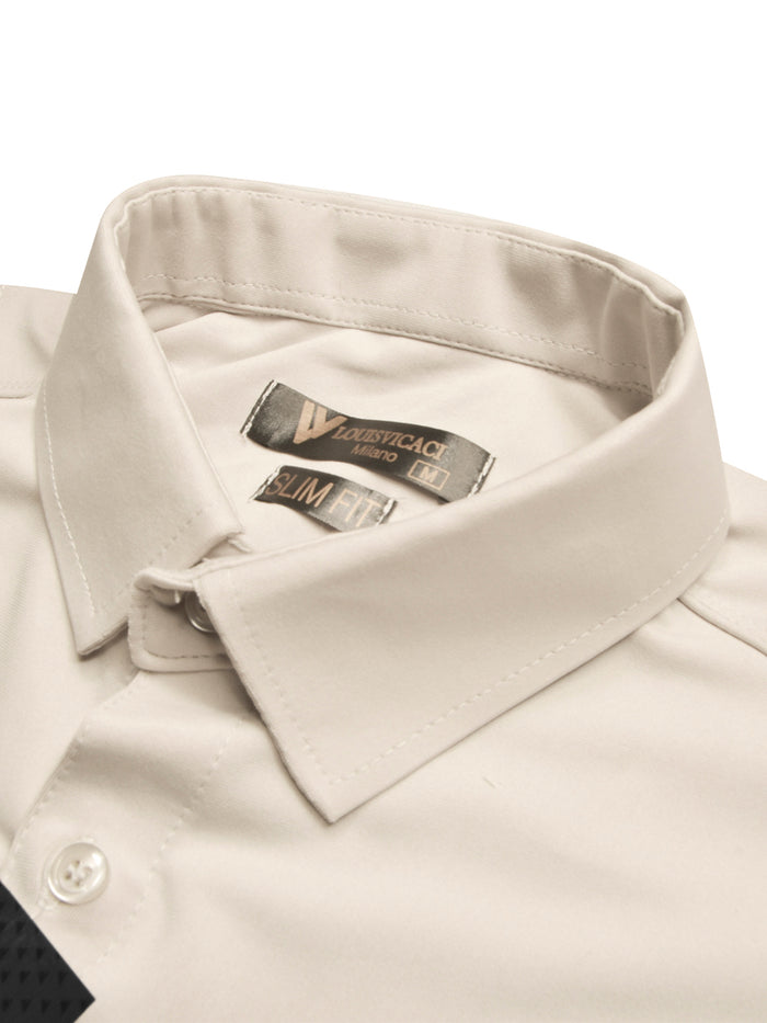 Louis Vicaci Super Stretchy Slim Fit Long Sleeve Summer Formal Casual Shirt For Men-Beige-BR13412