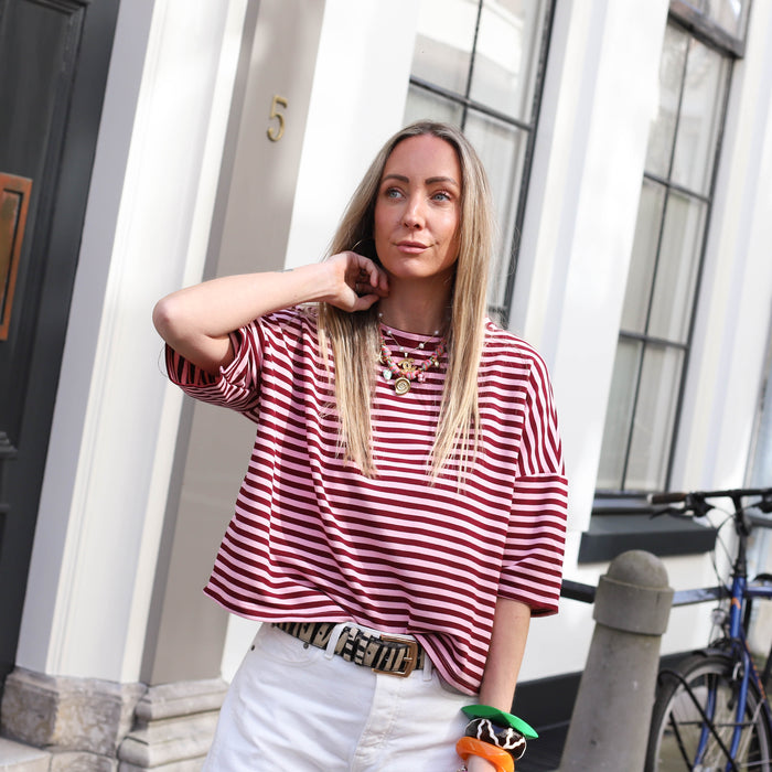 Maggy streep shirt bordeaux roze