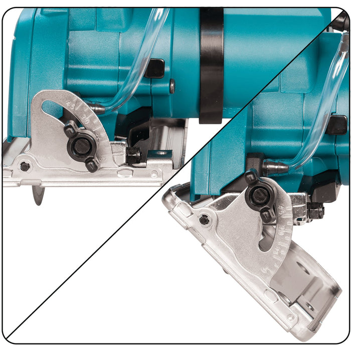Close-up: Tile saw with protective hood and saw shoe for precise cutting guidance
