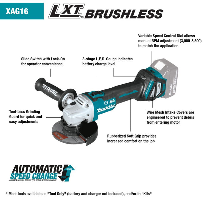 Makita LXT brushless grinder features slide switch, LED gauge and soft grip
