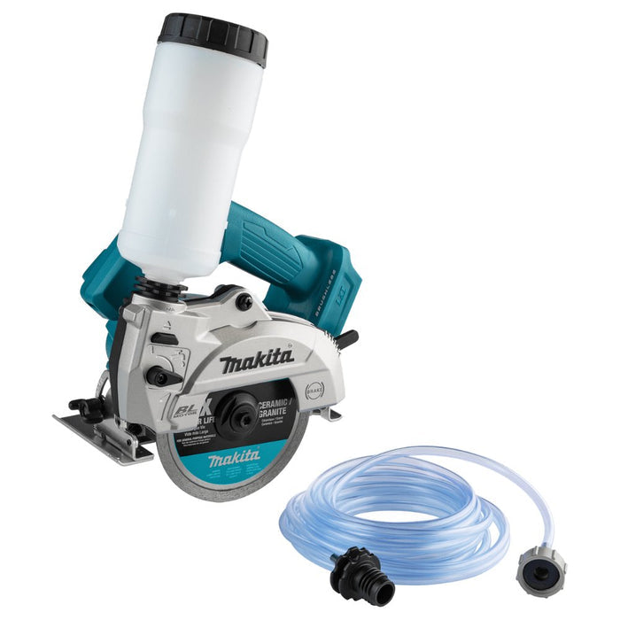 Makita cordless 5 in wet/dry masonry saw with water hose and guard